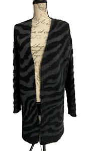 Isela Women’s Size L Black/Gray Open Front Midi Cardigan Sweater Leopard Print